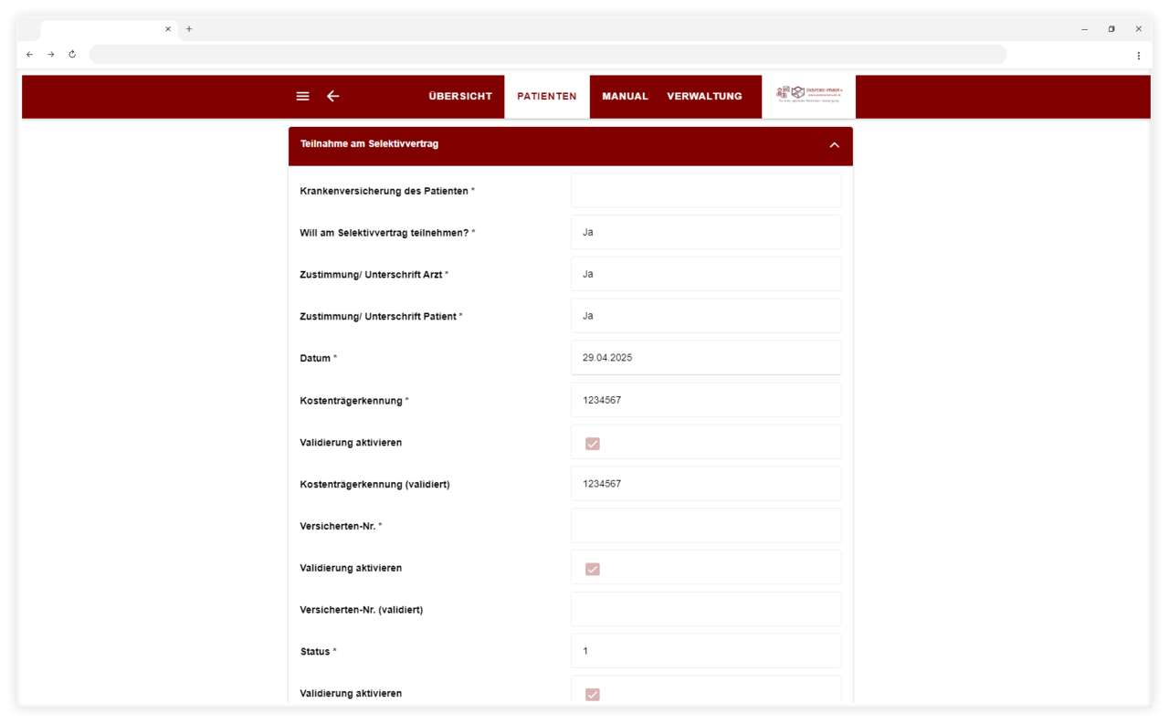 Screenshot von E-Health-Plattform zeigt die Validierung von Stammdaten eines Patienten