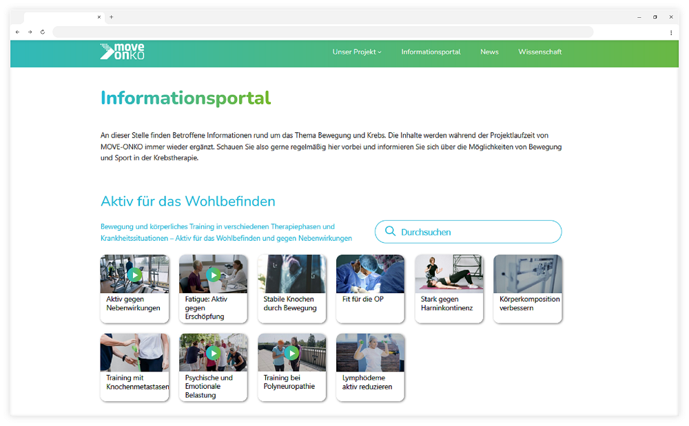 Screenshot von Informationsportal des Projekts MOVE-ONKO mit aufgelisteten Lerninhalten