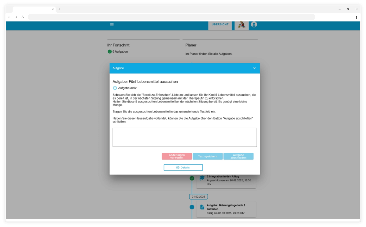 Screenshot von E-Health-Plattform mit geöffnetem Dialogfenster zu einer Aufgabe
