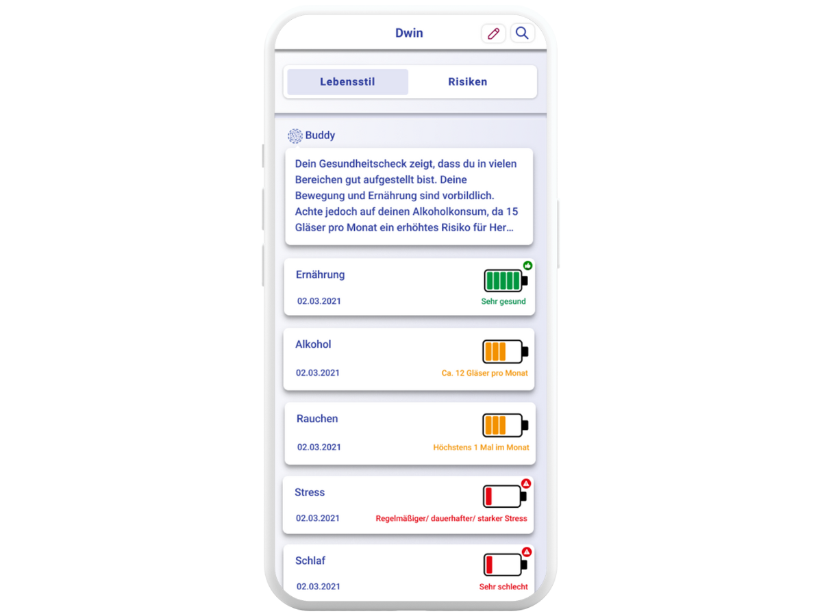 Screenshot im Smartphone von der Dwin App mit Anzeige zum Gesundheitscheck