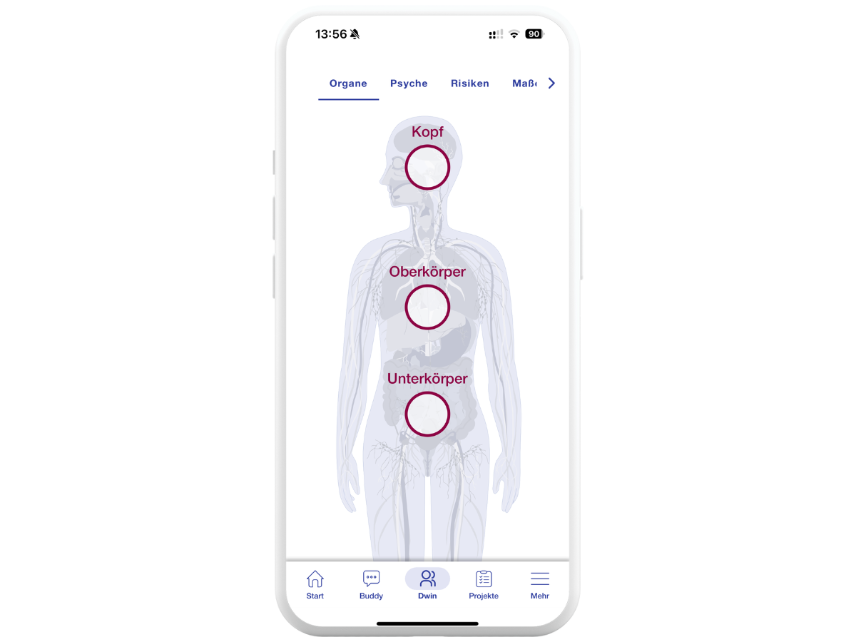 Screenshot im Smartphone von der Dwin App mit geöffnetem Körperatlas