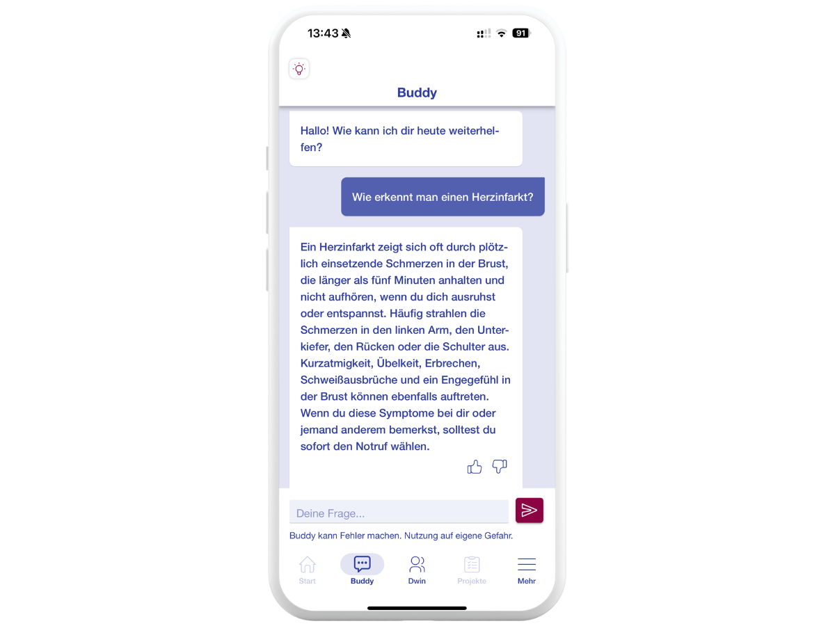 Screenshot im Smartphone von der Dwin App mit geöffnetem Chatbot