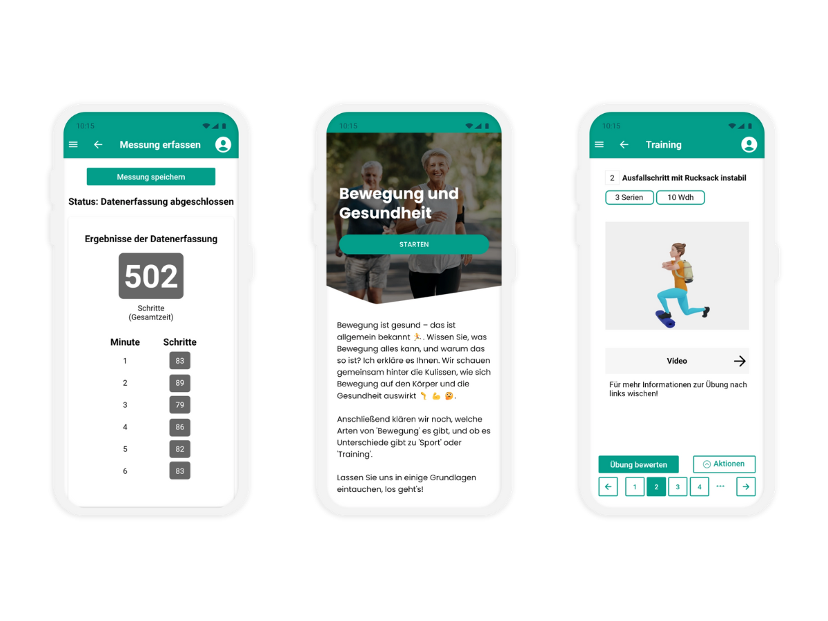 Drei Screenshots im Smartphone zur ms BEWEGT App zeigen den 6-Minuten-Gehtest, eine Lerneinheit zum Thema Bewegung und Gesundheit und ein Traningsvideo.